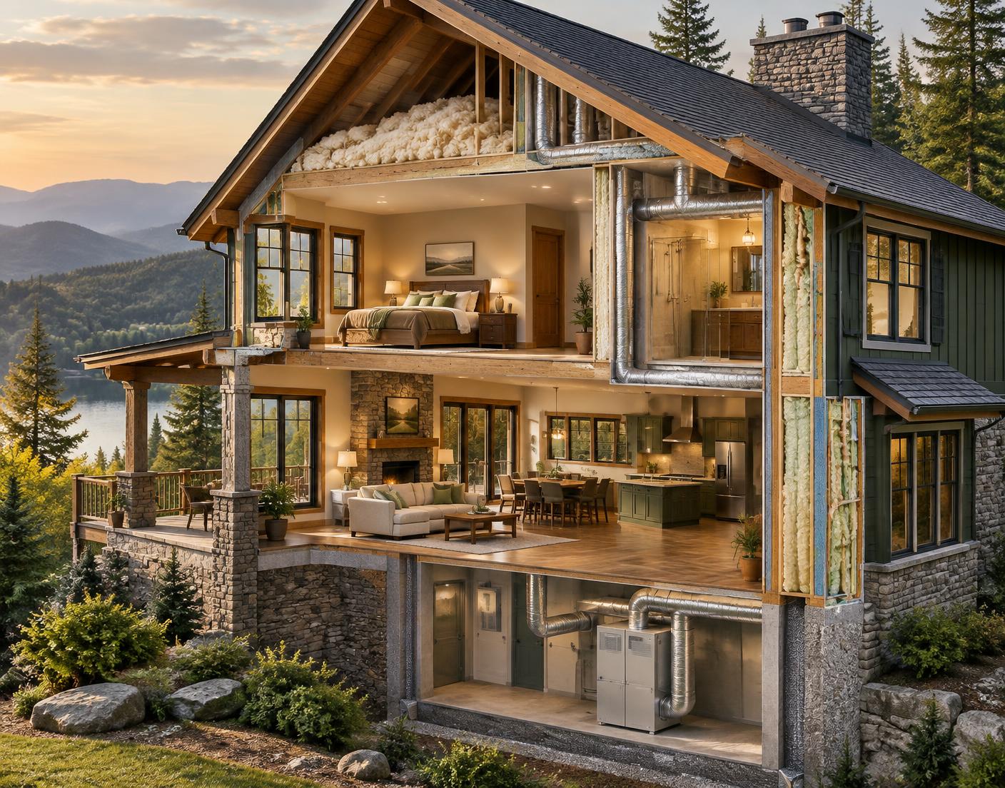 Whole-home energy performance showing insulation, windows, ductwork, and roof systems